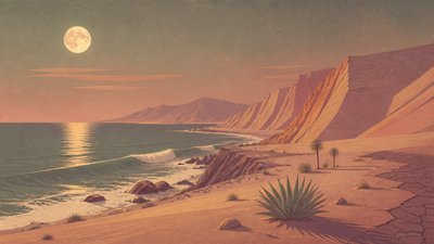 a moonlit coastline with cliffs and crashing surf, no people