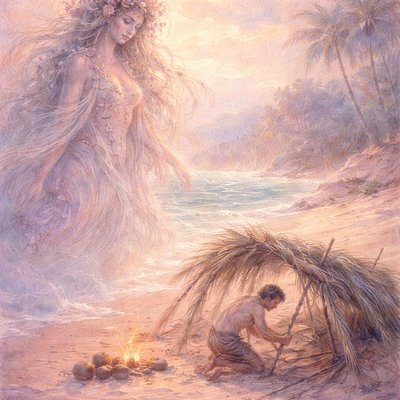 An island goddess spirit observes a castaway man on a beach making a shelter