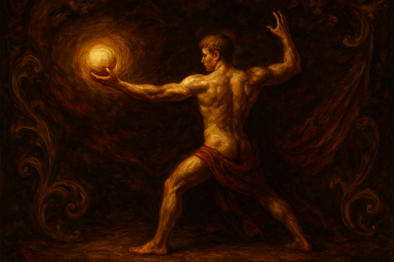 a painting of a man holding a ball