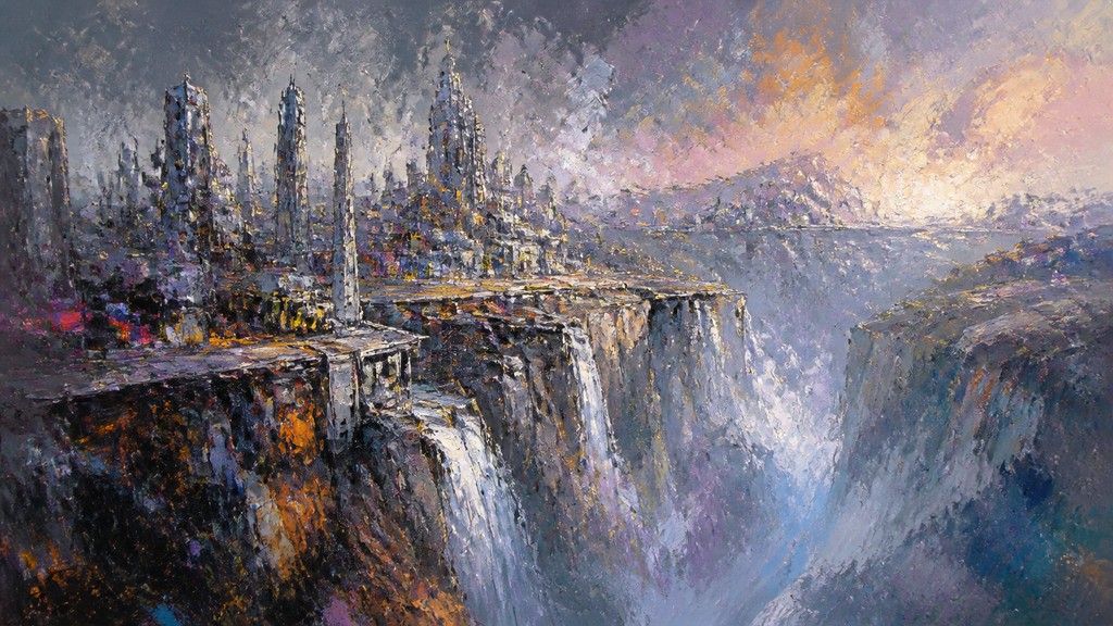 a cliffside city with waterfalls cascading into a misty canyon, wide establishing shot, no people, no text
