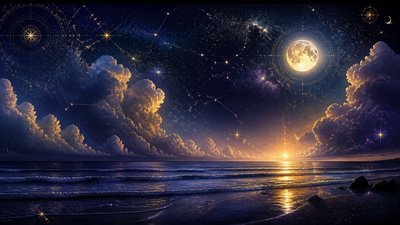 a panoramic ocean horizon with towering clouds at golden hour, no people