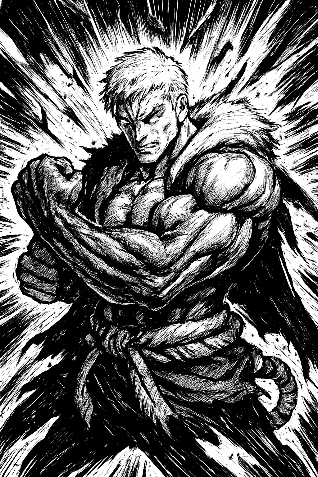 a black and white drawing of a man with his arms crossed