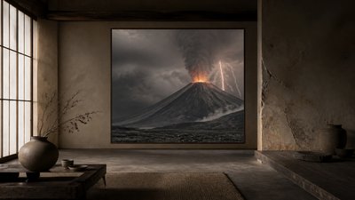 an erupting volcano with lightning strikes, dramatic wide composition, no text