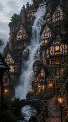 towering waterfall cascading down a cliff