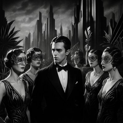 A stunning, high-contrast black and white cinematic still, mimicking the style of 1920s German Expressionism. Depict a luxurious, futuristic rooftop garden party. The scene features Freder, the young master, surrounded by several glamorous, wealthy, aristocratic ladies. The women are all dressed in ornate, art-deco-inspired gowns, their hair styled in sleek 1920s waves. Each lady wears an intricate, opulent Venetian masquerade mask that covers their eyes, adding an element of mystery and formality. In the background, the colossal, sharp, angular skyscrapers of the 'Metropolis' cityscape loom under a dramatic, moody sky. The garden is filled with exotic, highly geometric and stylized plants and gilded statues, reflecting the extreme wealth of the elite. 