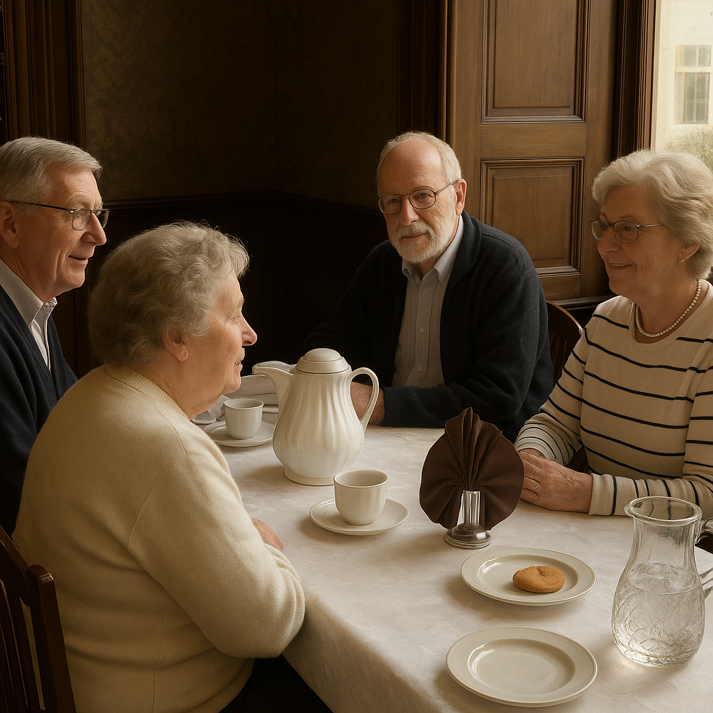 a group of people sitting around a table