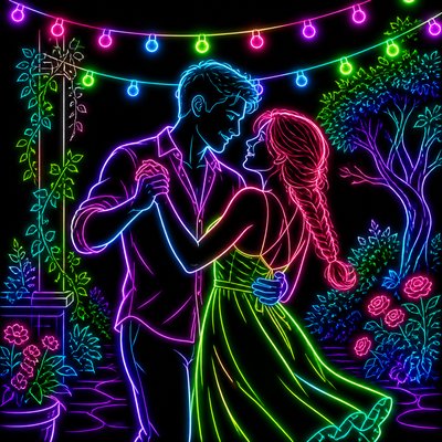 an original couple dancing under string lights in a garden at dusk: a man with short black hair in a linen shirt and a woman with braided red hair in a summer dress