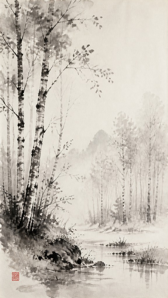 a serene birch forest in soft morning light, no people, no text