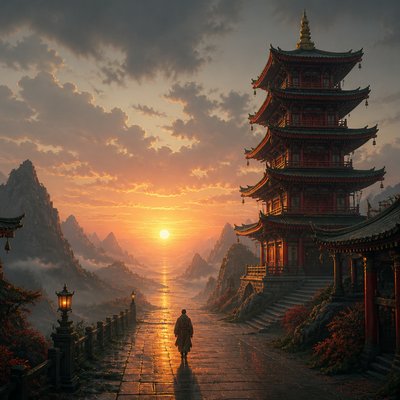 a solitary figure walking toward a glowing horizon across an empty plain, moody atmosphere, no text or lettering