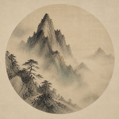 an emblem of a mountain peak inside a circle, simple bold shapes on a plain background, no text or lettering