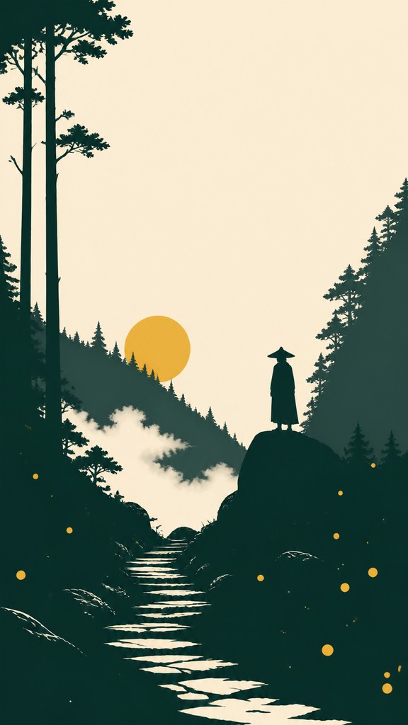 a mysterious forest path with fireflies and drifting mist, atmospheric vertical composition with open space at the top, no text