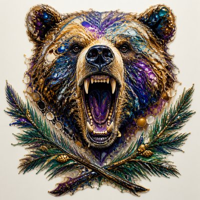 a roaring bear head above crossed pine branches, bold graphic composition on a plain background, no text