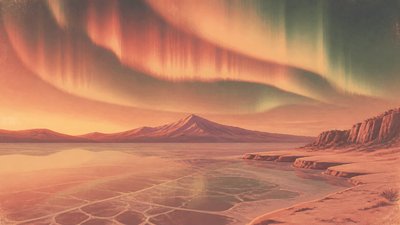 a sweeping aurora over a frozen lake, no people