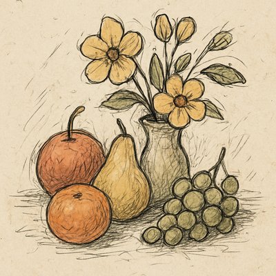 still life arrangement of fruits and flowers