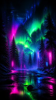 a snowy pine forest under the northern lights, no people