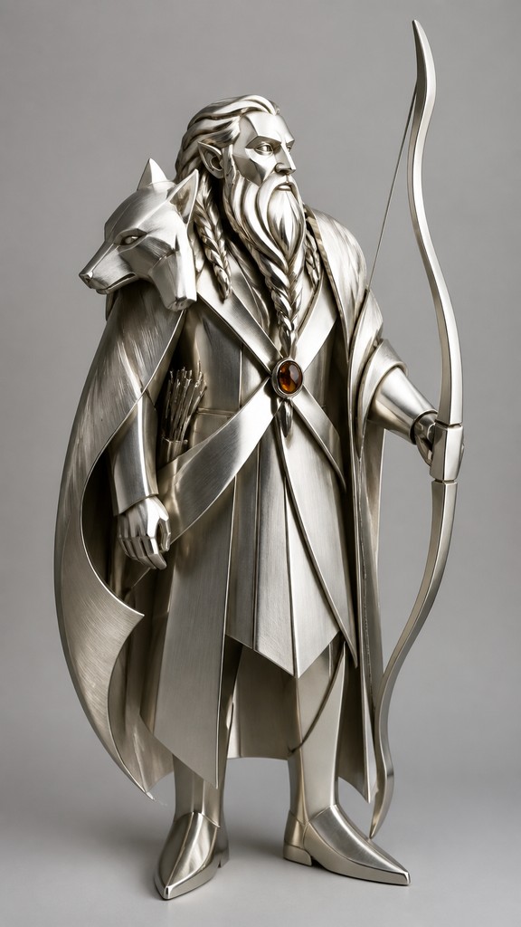 full-body original character: a dwarven ranger with a braided auburn beard, worn leather armor, a longbow and a wolf-pelt cloak, neutral background, no text