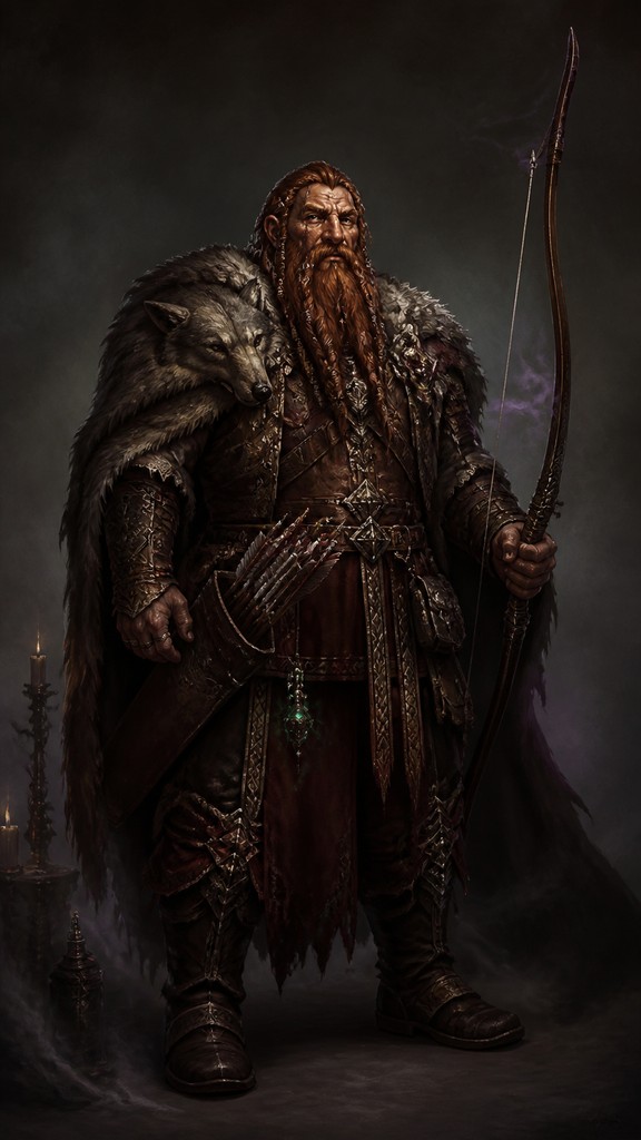 full-body original character: a dwarven ranger with a braided auburn beard, worn leather armor, a longbow and a wolf-pelt cloak, neutral background, no text