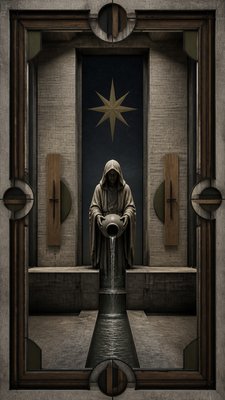 a robed figure pouring water beneath a large eight-pointed star in a night sky, symmetrical composition with an ornate decorative border, no text