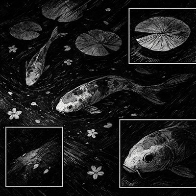A koi pond seen from above, orange and white koi fish swimming among lily pads, clear water with subtle ripples, fallen cherry blossom petals floating on the surface, dappled sunlight
