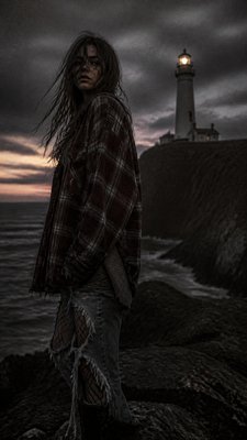a lone lighthouse on a cliff at dusk under a dramatic sky, no text or lettering