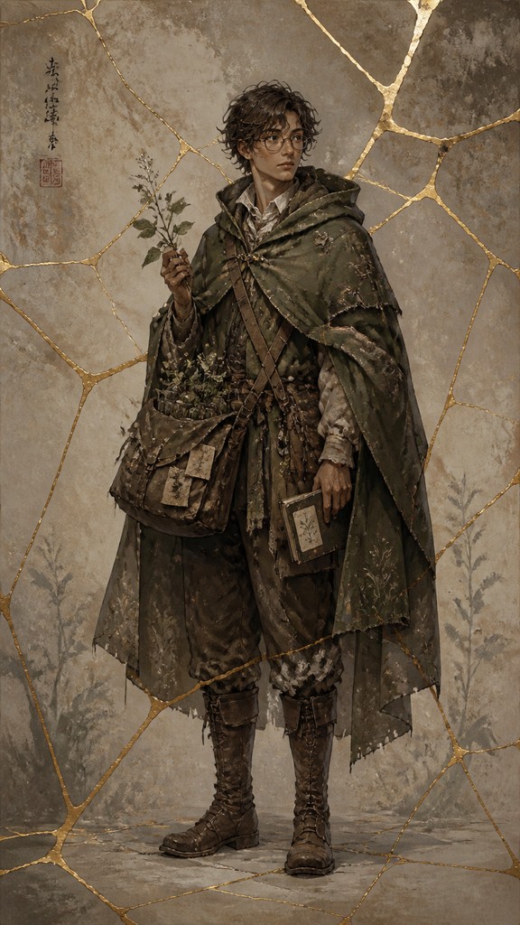 full-body original character: a wandering botanist with a satchel of plants, a patched green cloak, tall boots and round glasses, neutral background