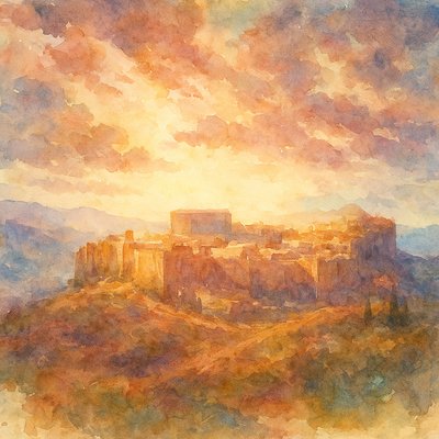 a painting of a castle on top of a hill