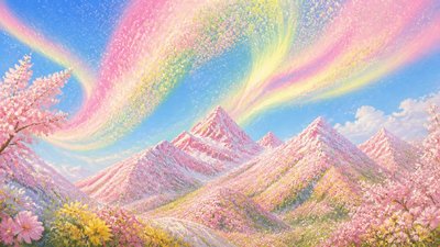a flowing aurora over snowy peaks, wide sweeping composition, no people, no text