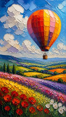 a hot air balloon drifting over rolling flower fields on a sunny day, cheerful, no text