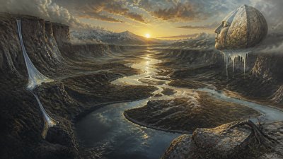 a vast valley with a river winding toward distant mountains at sunrise, no people, no text