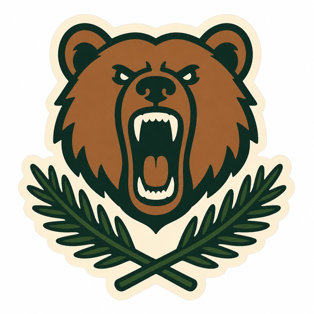 a roaring bear head above crossed pine branches, bold graphic composition on a plain background, no text