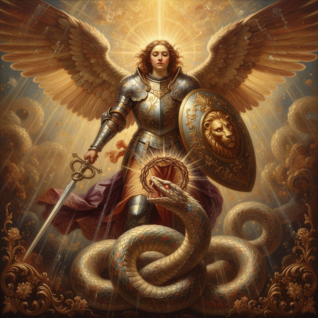 An Angel of God standing with full armor, sword, and shield, with massive wings, in front of a great serpent