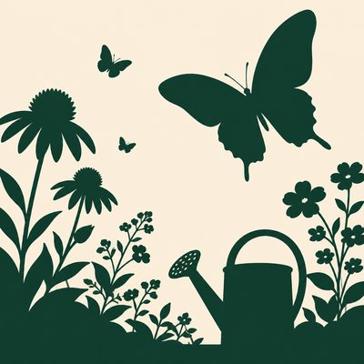 a garden scene with butterflies, flowers and a watering can, clean uncolored line art, no text