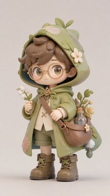 full-body original character: a wandering botanist with a satchel of plants, a patched green cloak, tall boots and round glasses, neutral background