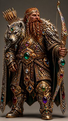 full-body original character: a dwarven ranger with a braided auburn beard, worn leather armor, a longbow and a wolf-pelt cloak, neutral background, no text