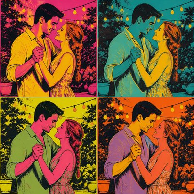 an original couple dancing under string lights in a garden at dusk: a man with short black hair in a linen shirt and a woman with braided red hair in a summer dress