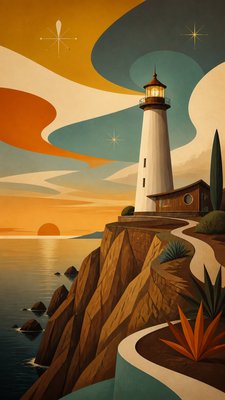 a lone lighthouse on a cliff at dusk under a dramatic sky, no text or lettering