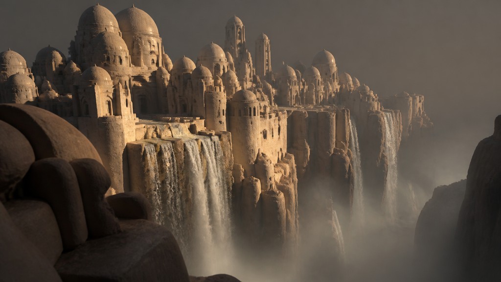 a cliffside city with waterfalls cascading into a misty canyon, wide establishing shot, no people, no text