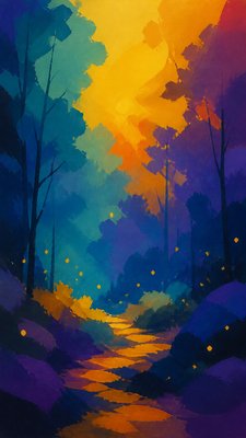 a mysterious forest path with fireflies and drifting mist, atmospheric vertical composition with open space at the top, no text