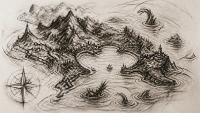 a map of an island realm with mountains, forests, a sheltered bay, sea monsters in the water and a compass rose, no text labels