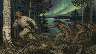 finnish man being chased by ignudi wear wolf in the forest