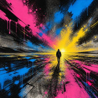 a solitary figure walking toward a glowing horizon across an empty plain, moody atmosphere, no text or lettering