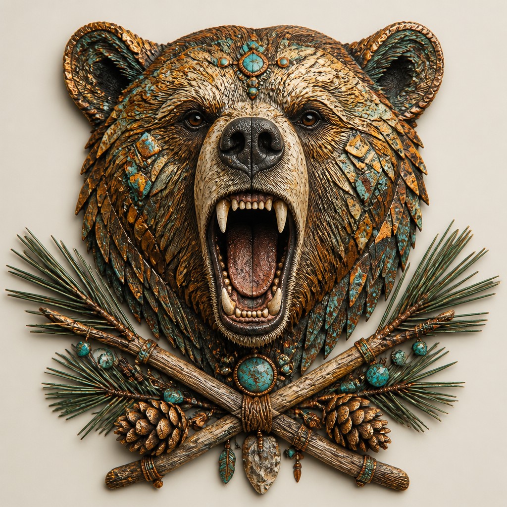 a roaring bear head above crossed pine branches, bold graphic composition on a plain background, no text