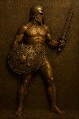 a bronze statue of a warrior holding a sword and shield