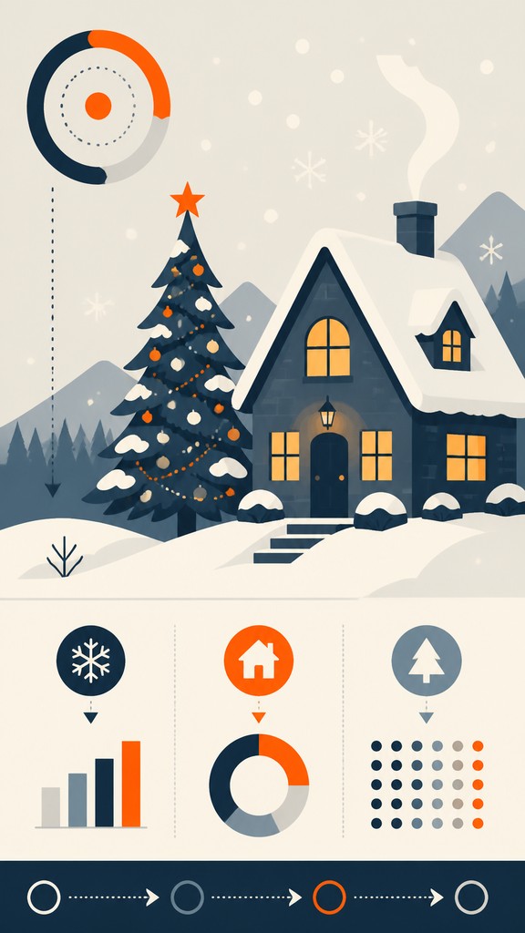 a snow-covered cottage with warm glowing windows beside a decorated pine tree, gentle snowfall, no text
