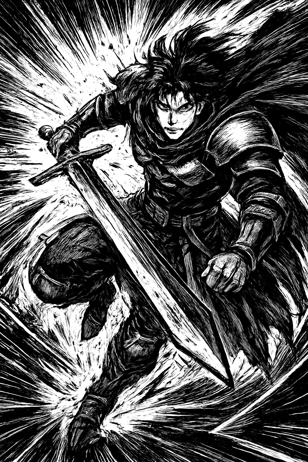 a black and white drawing of a man holding a sword
