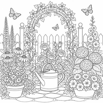 a garden scene with butterflies, flowers and a watering can, clean uncolored line art, no text