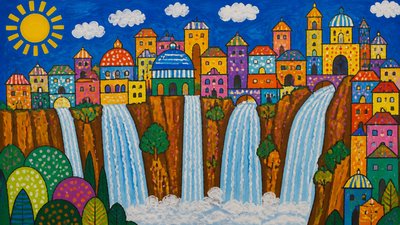 a cliffside city with waterfalls cascading into a misty canyon, wide establishing shot, no people, no text