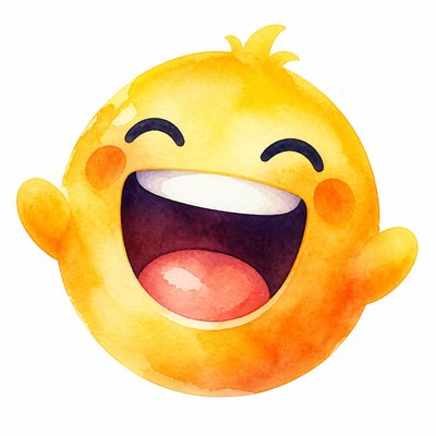 an exaggerated laughing face of an original round mascot character, bold and readable at small size, plain background, no text