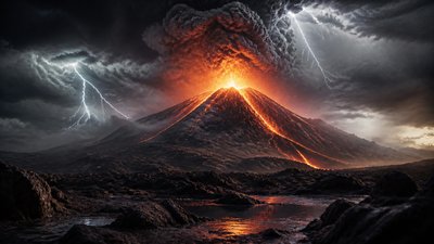 an erupting volcano with lightning strikes, dramatic wide composition, no text