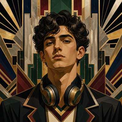 head-and-shoulders portrait of an original character: a young man with curly dark hair and headphones around his neck, plain backdrop, no text